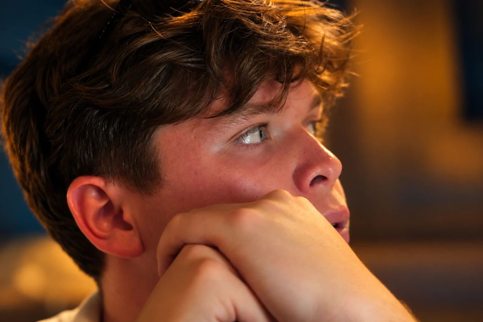Portrait d’un homme regardant sur le côté, le menton sur sa main, dans la série flo.